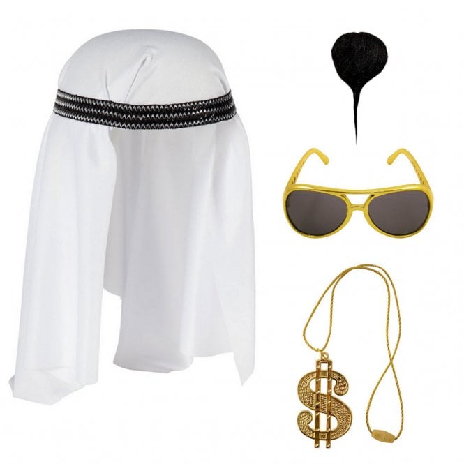 Arab Headpiece + Goatee Beard + Gold Rim Sunglasses + Dollar Sign Medallion Bling Necklace
