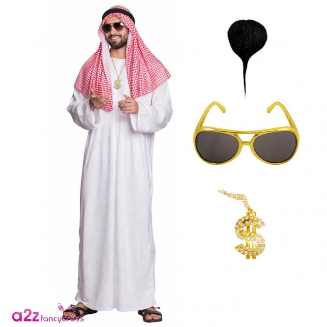 Arab Sheikh + Goatee Beard + Dollar Bling Necklace + Gold Rim Sunglasses
