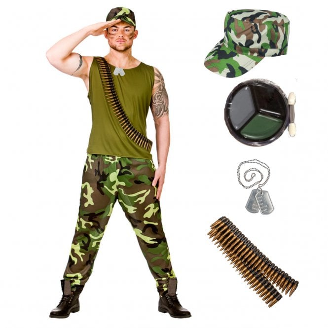 Army Guy + Bullet Belt + Dog Tags + Camouflage Make-Up Kit