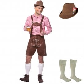 Authentic Suede Lederhosen + Cream Socks + DELUXE Brown Suede Bavarian Hat 