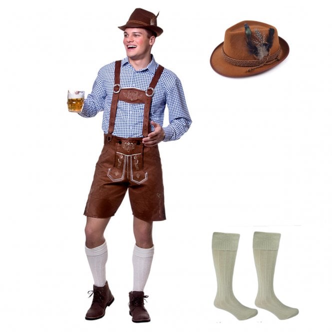 Authentic Suede Lederhosen + Cream Wool Blend Socks + Oktoberfest BROWN Hat (BN)