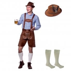 Authentic Suede Lederhosen + Cream Wool Blend Socks + Oktoberfest BROWN Hat (BN)