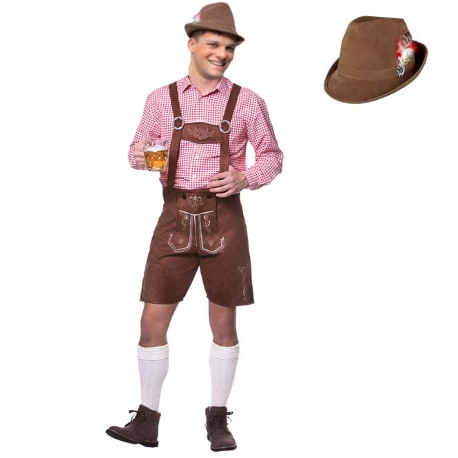 Authentic Suede Lederhosen + DELUXE Brown Suede Bavarian Hat