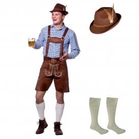 Authentic Suede Lederhosen + Wool Blend Socks + BROWN Bavarian Hat 