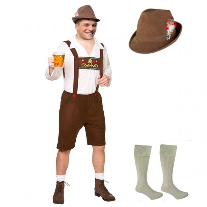Bavarian Beer Guy - Brown + Deluxe Brown Bavarian Hat + Wool Blend Socks (Cream)