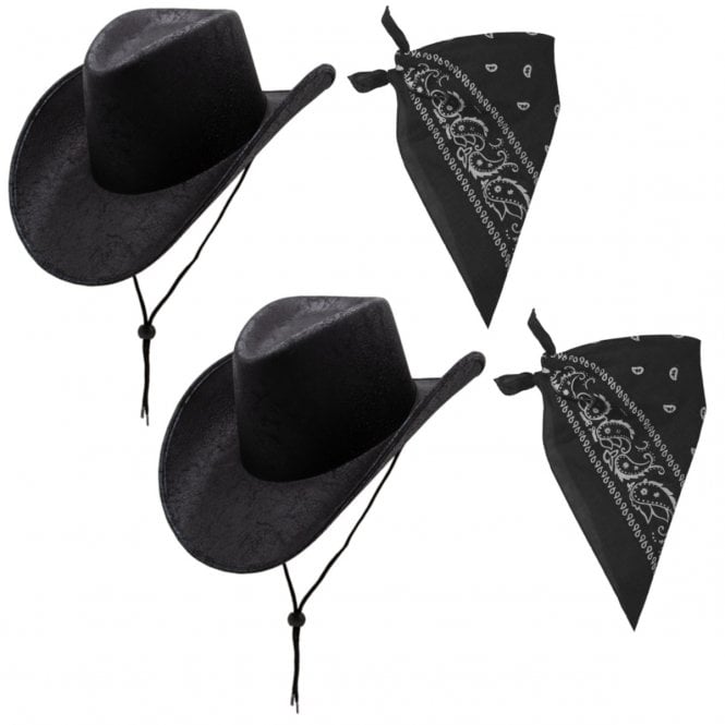BLACK Aged Faux Leather Cowboy Hat + BLACK Paisley Bandana - 2 PACK