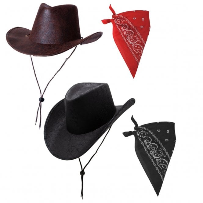 BLACK Aged Faux Leather Cowboy Hat + BLACK Paisley Bandana + BROWN Aged Faux Leather Cowboy Hat + RED Paisley Bandana