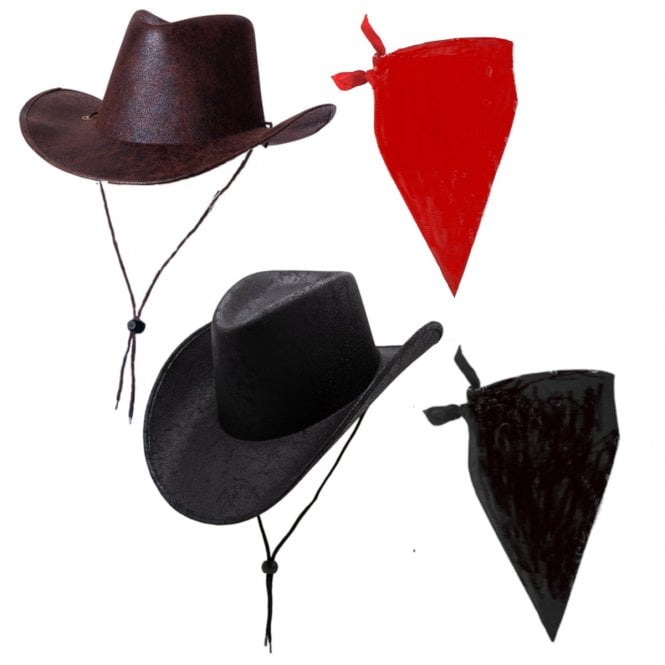 BLACK Aged Faux Leather Cowboy Hat + BLACK Plain Bandana + BROWN Aged Faux Leather Cowboy Hat + RED Plain Bandana