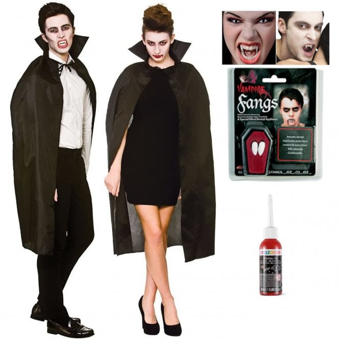Black Cape with Collar (110cm) + Vampire Fangs + Fake Blood
