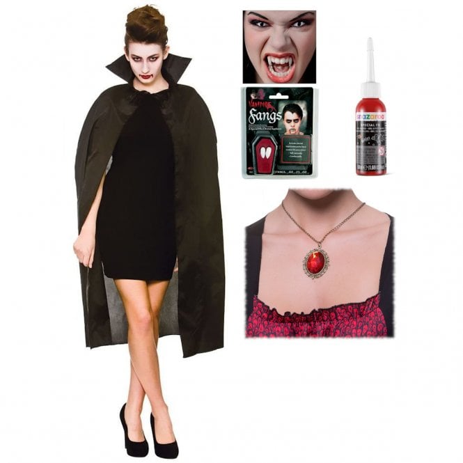 Black Cape with Collar (110cm) + Vampire Fangs + Fake Blood + Ruby Necklace