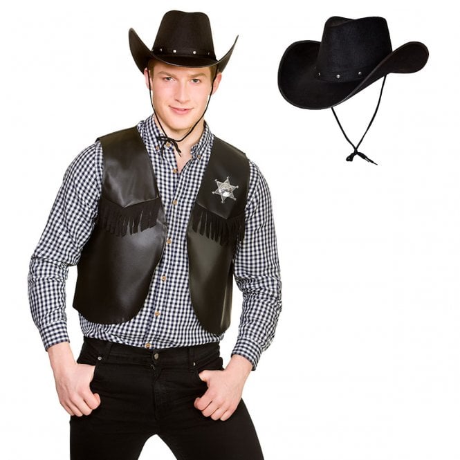 Black Cowboy Waistcoat + Black Texan Cowboy Hat
