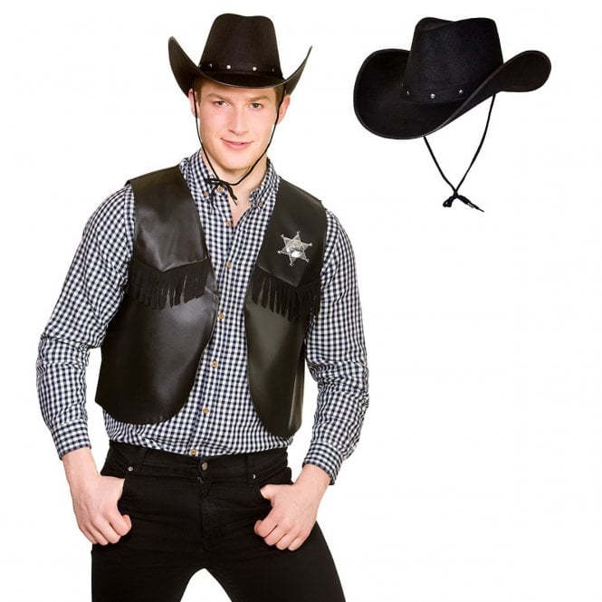 Black Cowboy Waistcoat + Black Texan Cowboy Hat