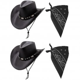 BLACK Deluxe Faux Leather Hat + BLACK Paisley Bandana - 2 PACK