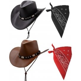 BLACK Deluxe Faux Leather Hat + BLACK Paisley Bandana + BROWN Deluxe Faux Leather Hat + RED Paisley Bandana