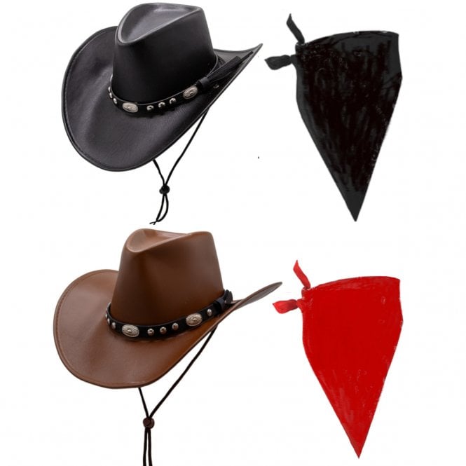 BLACK Deluxe Faux Leather Hat + BLACK Plain Bandana + BROWN Deluxe Faux Leather Hat + RED Plain Bandana
