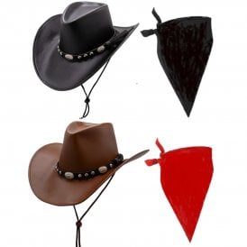 BLACK Deluxe Faux Leather Hat + BLACK Plain Bandana + BROWN Deluxe Faux Leather Hat + RED Plain Bandana