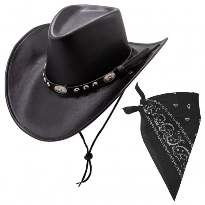 BLACK Deluxe Faux Leather Texan Cowboy Hat + BLACK Paisley Print Bandana