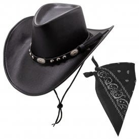 BLACK Deluxe Faux Leather Texan Cowboy Hat + BLACK Paisley Print Bandana