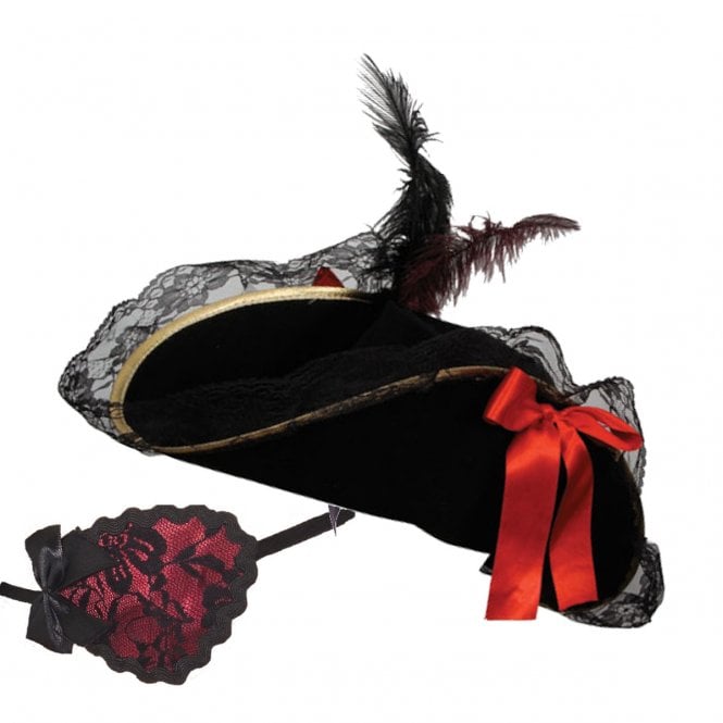 Black Deluxe Female Pirate Hat + Red Eyepatch 