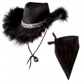 BLACK Marabou Feather Texan Cowgirl Hat + BLACK Plain Bandana
