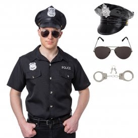 BLACK Police Shirt + BLACK U.S. New York Cop Hat + Aviators + Handcuffs