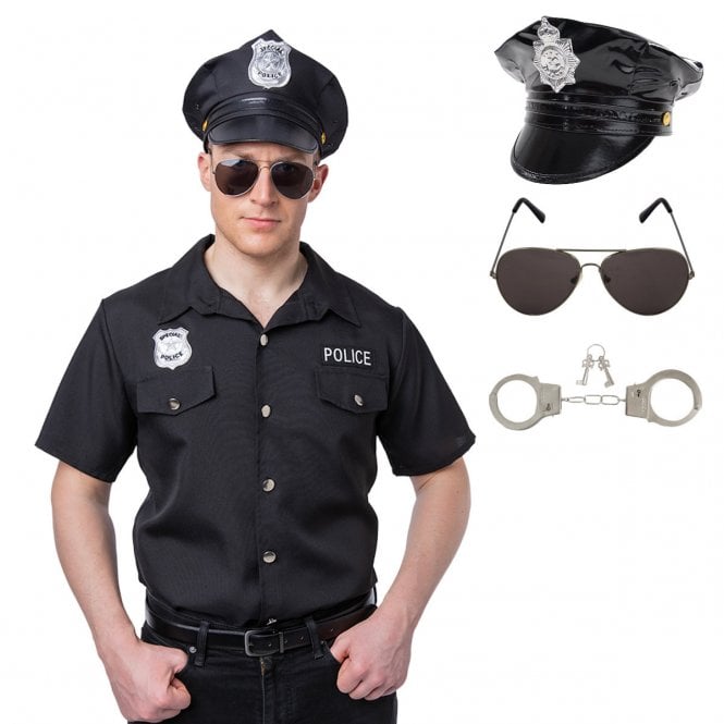 BLACK Police Shirt + BLACK U.S. New York Cop Hat + Aviators + Handcuffs