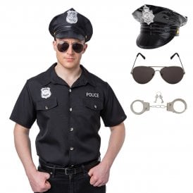 BLACK Police Shirt + BLACK U.S. New York Cop Hat + Aviators + Handcuffs