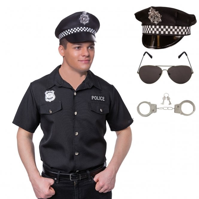 BLACK Police Shirt + BLACK 'UK' Police Officer Hat + Aviators + Metal Handcuffs