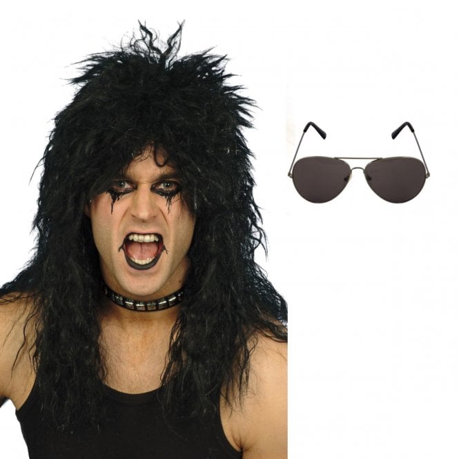 Black Rocker Wig + Dark Aviator Specs