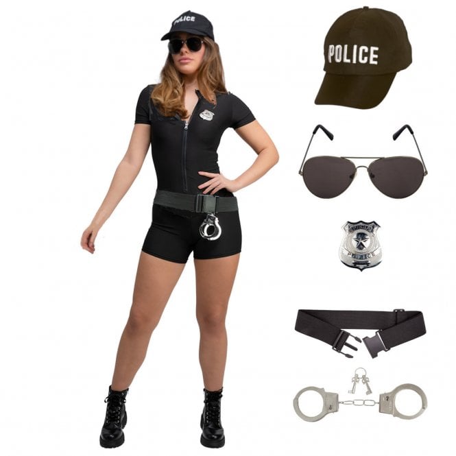 Black Romper + Police Hat + Utility Belt + Handcuffs + Aviator Glasses + Badge
