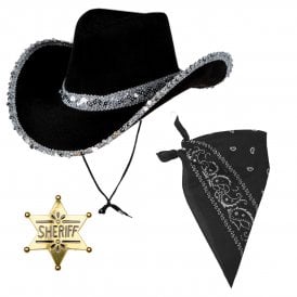 BLACK Sequin Texan Cowgirl Hat + BLACK Bandana + GOLD Sheriff Badge