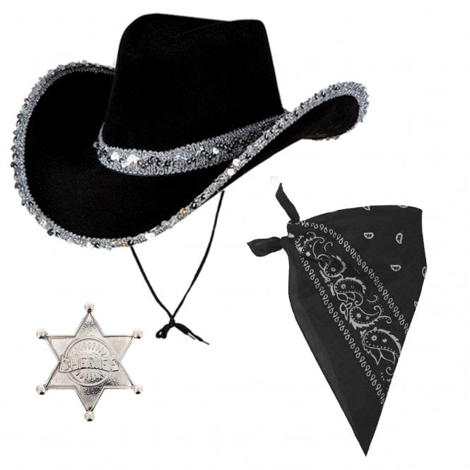 BLACK Sequin Texan Cowgirl Hat + BLACK Bandana + SILVER Sheriff Badge