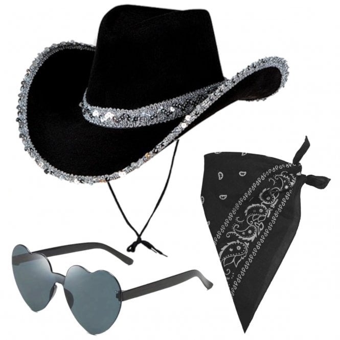  BLACK Sequins Texan Cowgirl Hat + BLACK Bandana + BLACK Heart Shaped Sunglasses (Rimless)
