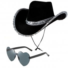 BLACK Sequins Texan Cowgirl Hat + BLACK Heart Shaped Sunglasses (Rimless)