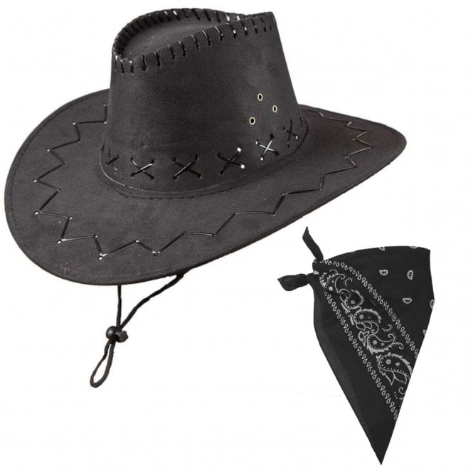 BLACK Suede Cowboy Hat + BLACK Paisley Print Bandana
