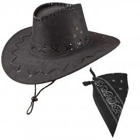 BLACK Suede Cowboy Hat + BLACK Paisley Print Bandana