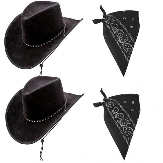 BLACK Suede with Stars Cowboy Hat + BLACK Paisley Bandana - 2 PACK