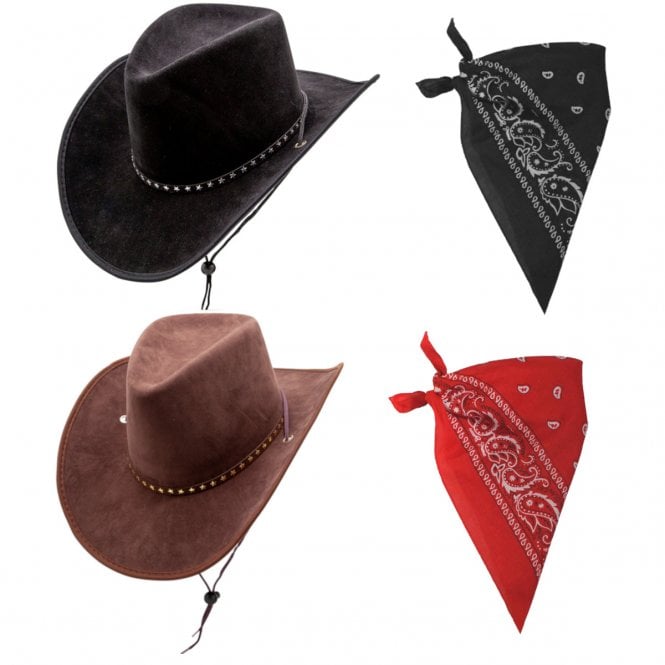 BLACK Suede with Stars Cowboy Hat + BLACK Paisley Bandana + BROWN Suede with Stars Cowboy Hat + RED Paisley Bandana