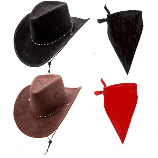 BLACK Suede with Stars Cowboy Hat + BLACK Plain Bandana + BROWN Suede with Stars Cowboy Hat + RED Plain Bandana