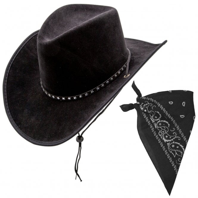 BLACK Suede with Stars Texan Cowboy Hat + BLACK Paisley Print Bandana