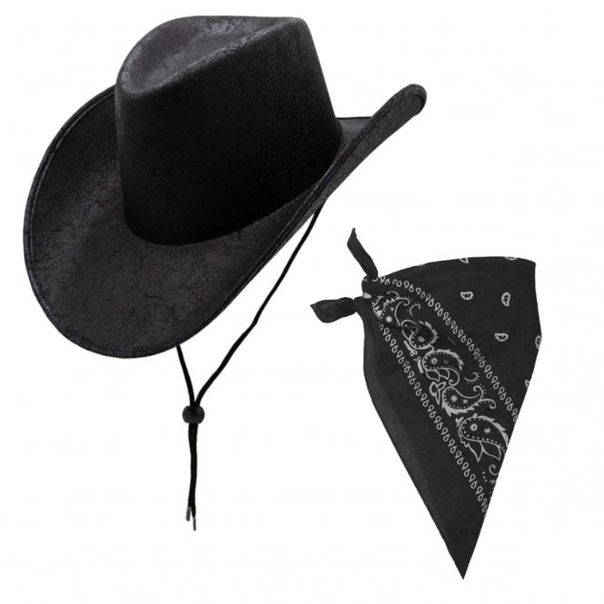 BLACK Texan Cowboy Aged Faux Leather Hat + BLACK Paisley Print Bandana