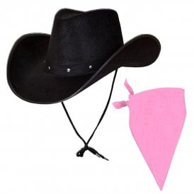 BLACK Texan Cowboy  Hat + BABY PINK Plain Bandana