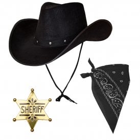 Texan Cowboy Black Hat + Black Bandana + Gold Colour Sheriff Badge