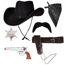 Texan Cowboy Black Hat + Black Bandana + Holster + Black Tash + Silver Sheriff Badge + Plastic Gun 