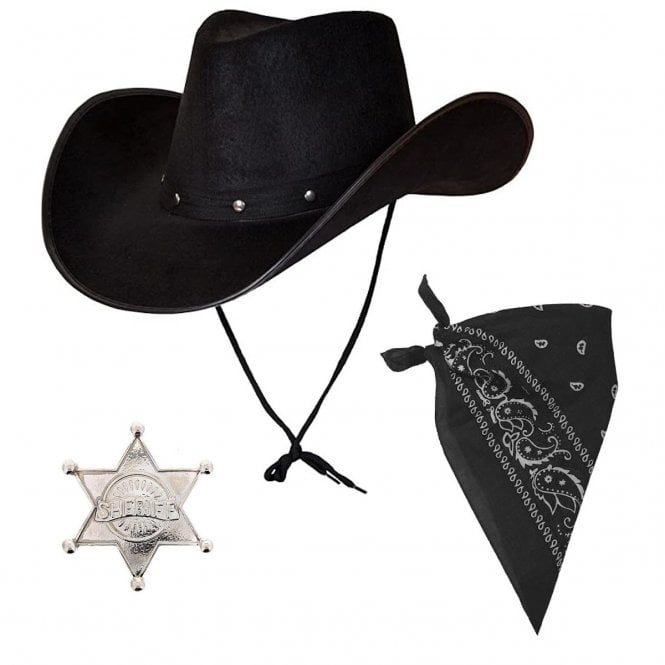 BLACK Texan Cowboy Hat + BLACK Bandana + SILVER Sheriff Badge 