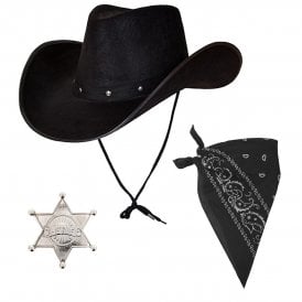 BLACK Texan Cowboy Hat + BLACK Bandana + SILVER Sheriff Badge 