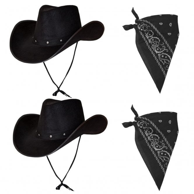 BLACK Texan Cowboy Hat + BLACK Paisley Bandana - 2 PACK
