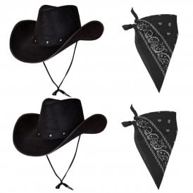 BLACK Texan Cowboy Hat + BLACK Paisley Bandana - 2 PACK