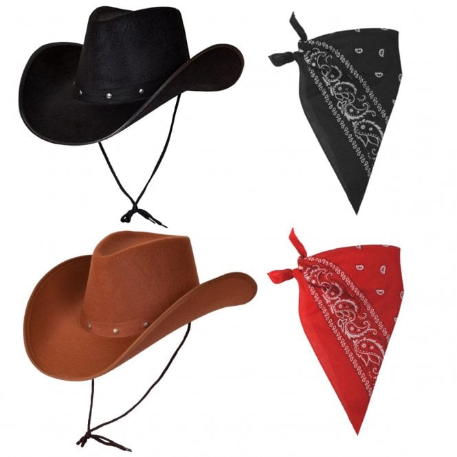 BLACK Texan Cowboy Hat + BLACK Paisley Bandana + BROWN Texan Cowboy Hat + RED Paisley Bandana
