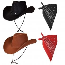 BLACK Texan Cowboy Hat + BLACK Paisley Bandana + BROWN Texan Cowboy Hat + RED Paisley Bandana